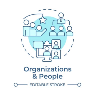 Organizasyonlar ve insanlar yumuşak mavi kavram ikonu. Şirket hiyerarşisi. Takım çalışması, iş akışı. Yuvarlak şekil çizimi. Soyut bir fikir. Grafik tasarımı. Günlük paylaşımında kullanması kolay