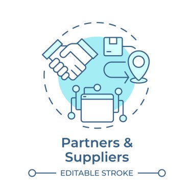 Ortaklar ve tedarikçiler yumuşak mavi konsept ikonu. Takım çalışması, işbirliği. Uyum, düzenleme. Yuvarlak şekil çizimi. Soyut bir fikir. Grafik tasarımı. Günlük yazısında ve sunumunda kullanması kolay