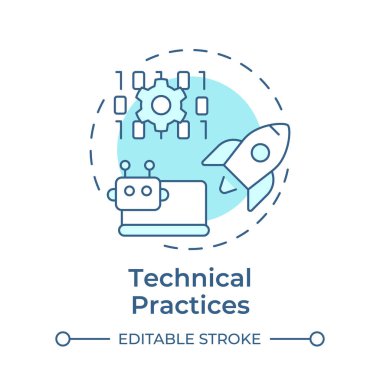 Teknik uygulamalar, yumuşak mavi konsept ikonu. Yazılım geliştirme, hizmet yönetimi. Yuvarlak şekil çizimi. Soyut bir fikir. Grafik tasarımı. Günlük yazısında ve sunumunda kullanması kolay