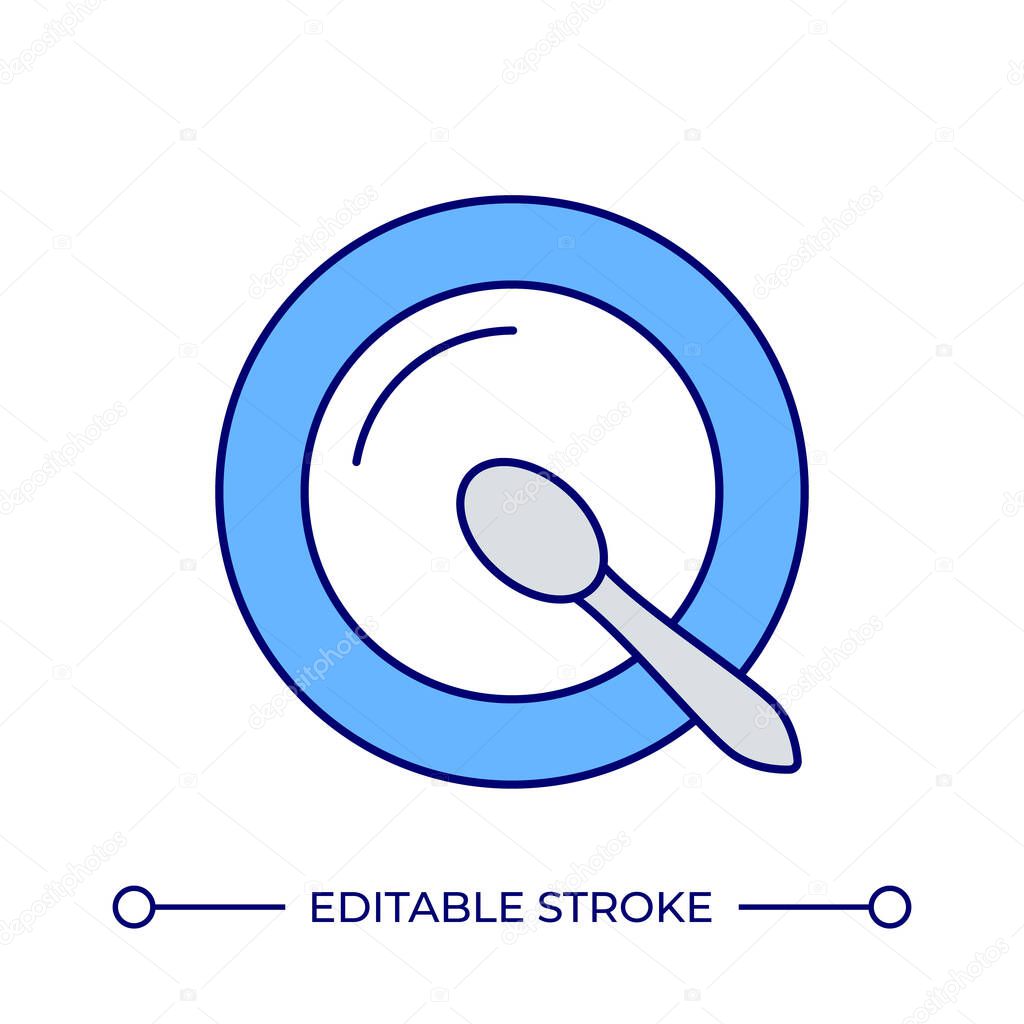 Plate with spoon top view line color icon. Dinner tableware to serve food. Empty dish with cutlery after lunch. Isolated vector illustration. Flat colorful symbol design. Editable stroke