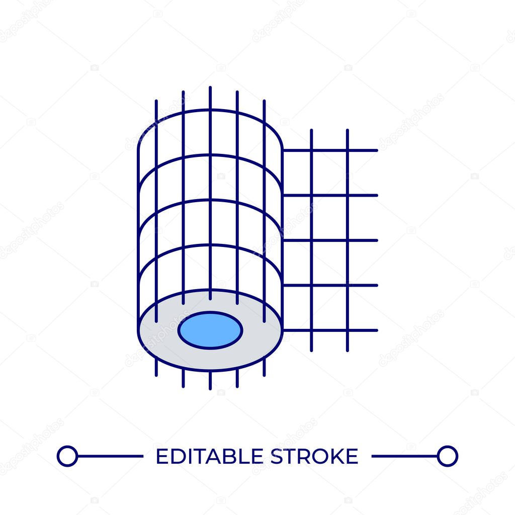 Wire mesh roll line color icon. Architectural metal net for construction reinforcement. Building material storage. Isolated vector illustration. Flat colorful symbol design. Editable stroke