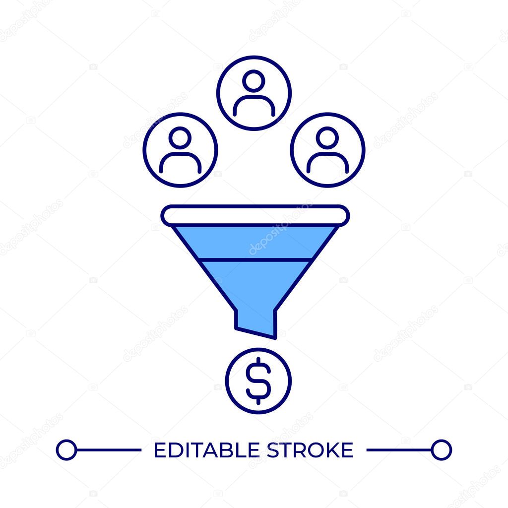 Sales funnel line color icon. Engaging customers to buy products. Business model for purchases increasing. Leeds generation. Isolated vector illustration. Flat colorful symbol design. Editable stroke