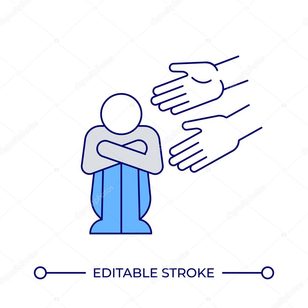 Supporting person in trouble line color icon. Helping hands for victim. Emotional care during depression episode. Isolated vector illustration. Flat colorful symbol design. Editable stroke
