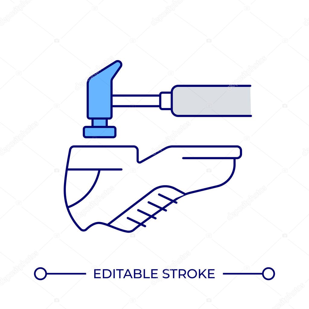 Shoes repair line color icon. Hammer tapping sole of boot. Small business customer service. Footgear maintenance. Isolated vector illustration. Flat colorful symbol design. Editable stroke