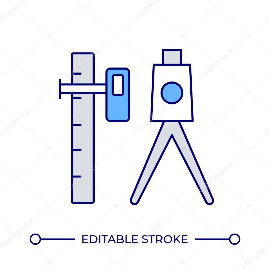Geodesist tools line color icon. Theodolite and prism. Geodetic survey equipment. Ground exploration expedition. Isolated vector illustration. Flat colorful symbol design. Editable stroke