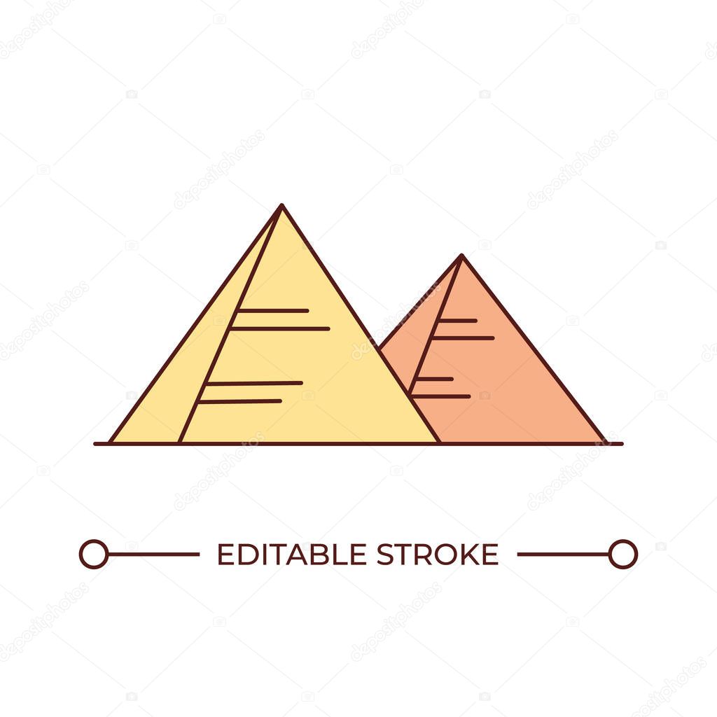 Egyptian pyramids line color icon. Heritage of gone ancient culture. Historic architectural landmarks among desert. Isolated vector illustration. Flat colorful symbol design. Editable stroke