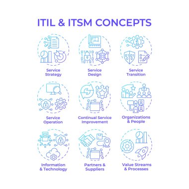 ITIL ve mavi gradyan konsept simgeleri. Yazılım geliştirme, iş akışı organizasyonu. Müşteri tecrübesi. Simge paketi. Vektör görüntüleri. Bloglar için yuvarlak şekilli çizimler. Soyut fikir