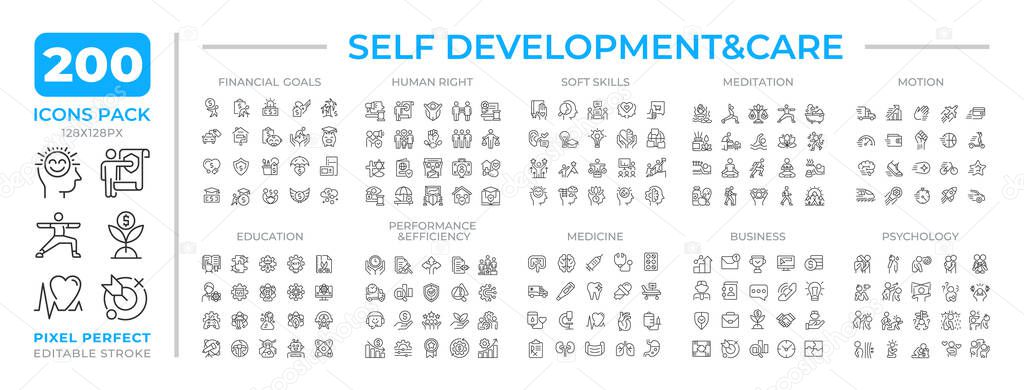 Self development and care line icons set collection. Mental and physical health. Personal improvement mega pack of linear pictograms, pixel perfect. Isolated vector illustrations. Editable stroke