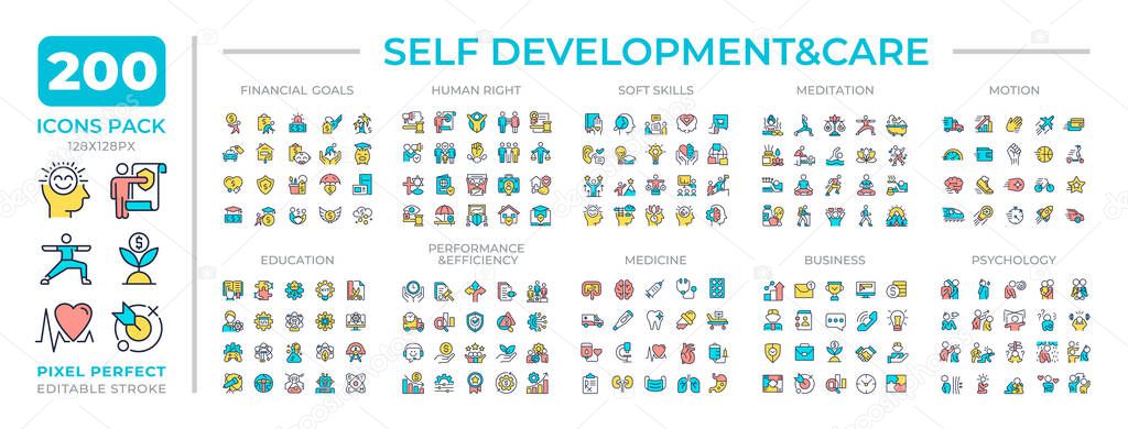 Self development and care colorful icons set collection. Mental and physical health. Personal improvement mega pack of flat line symbols, pixel perfect. Isolated vector illustrations. Editable stroke