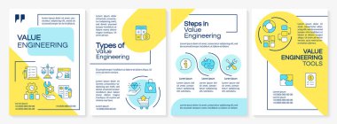 Değer mühendisliği tipi mavi ve sarı broşür. İş akışı organizasyonu, ürün kalitesi. Renk çizgisi simgeli broşür reklam tasarımı. Düzenlenebilir 4 sayfa. Questrial, Lato-Düzenli yazı tipleri