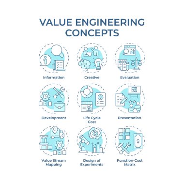 Değer mühendisliği, yumuşak mavi konsept simgeleri. Veri analizi, istatistiksel ölçüler. İş akışı organizasyonu. Simge paketi. Vektör görüntüleri. Bilgi için yuvarlak şekilli çizimler. Soyut fikir