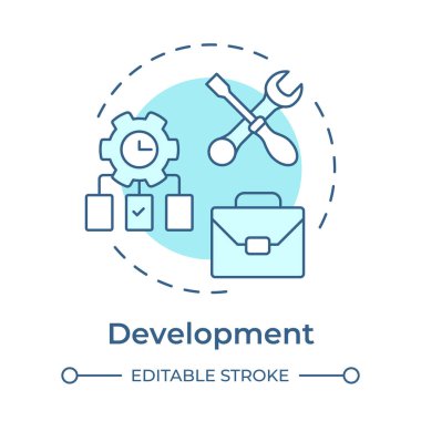 Yumuşak mavi konsept ikonu geliştir. Çözüm işi. İşlem haritası, iş akışı organizasyonu. Yuvarlak şekil çizimi. Soyut bir fikir. Grafik tasarımı. Bilgide ve sunumda kullanması kolay