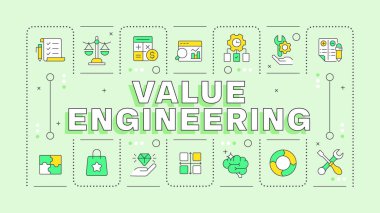 Değer mühendisliği yeşil kelime konsepti. İşlem yönetimi, iş akışı organizasyonu. İstatistikler, piyasa. Tipografi afişi. Başlık metniyle vektör illüstrasyonu, düzenlenebilir simge rengi. İnbot Sans yazı tipi kullanıldı