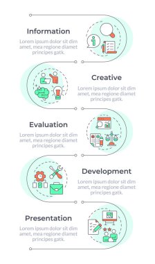 Değer mühendisliği metodolojisi, dikey bilgi dizisi. Proje yönetimi, takım çalışması. 5 adımlı görselleştirme bilgi tablosu. Daireler iş akışı. Montserrat Yarı Kalın, Lato Düzenli yazı tipleri