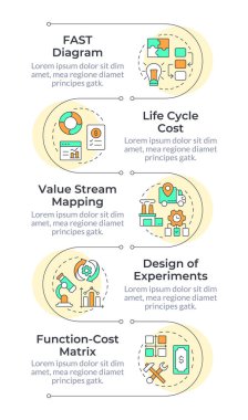 Değer mühendisliği metotları bilgisel dikey dizilim. İşlem yönetimi, finans. 4 adımlı görselleştirme bilgi tablosu. Daireler iş akışı. Montserrat Yarı Kalın, Lato Düzenli yazı tipleri