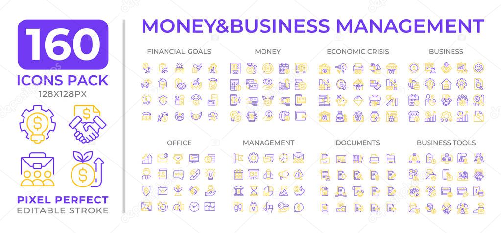 Money and business management two color line icons set collection. Corporate financial transactions control bicolor outline mega pack isolated, pixel perfect. Duotone thin lineart. Editable stroke