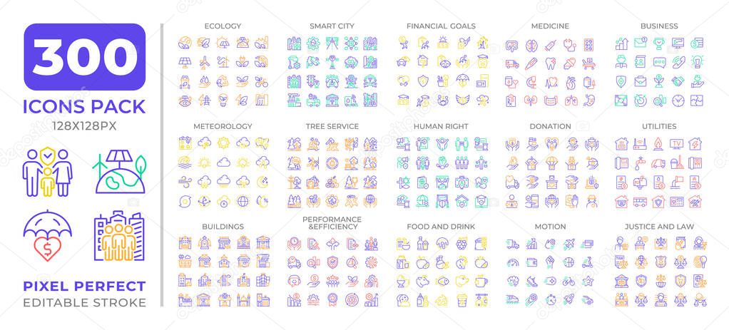 Sustainability two color line icons set collection. Eco friendly technology integration. Business and lifestyle bicolor outline mega pack isolated, pixel perfect. Duotone thin lineart. Editable stroke