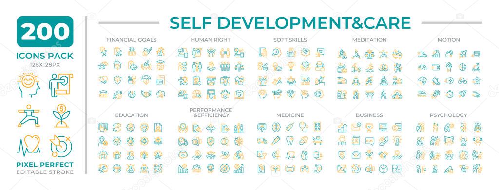 Self development and care two color line icons set collection. Mental and physical health. Personal improvement bicolor outline mega pack isolated, pixel perfect. Duotone thin lineart. Editable stroke