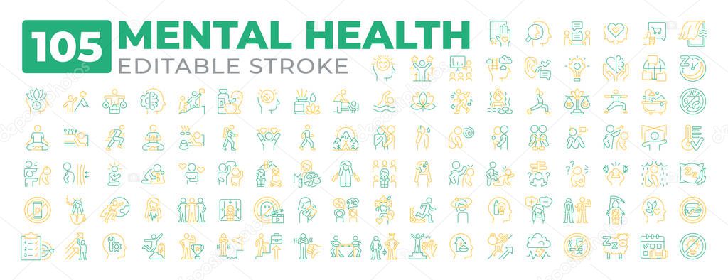 Mental health two color line icons set collection. Education, business and services for customers. Work and life routines bicolor outline mega pack isolated. Duotone thin lineart. Editable stroke