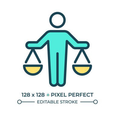 Kanun pikseli mükemmel çizgi renk simgesi önünde eşitlik hakkı. Herkes için adalet. Denge terazisi tutan kişi. İzole vektör çizimi. Düz renkli sembol tasarımı. Düzenlenebilir vuruş