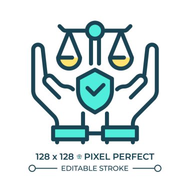 Rastgele tutuklanmaktan ve sürgün pikselinden kurtulmak mükemmel çizgi renk ikonu. Haksız alıkoyma yok. İnsan hakları koruması. İzole vektör çizimi. Düz renkli sembol tasarımı. Düzenlenebilir vuruş