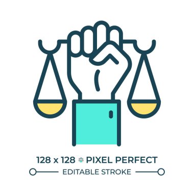 Kanun pikseli mükemmel çizgi renk simgesinden önce tanınma hakkı. Ayrımcılık yapmadan adalet ve koruma. İzole vektör çizimi. Düz renkli sembol tasarımı. Düzenlenebilir vuruş