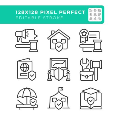 İnsan hakları koruma pikseli mükemmel çizgi simgeleri ayarlandı. Yasal özgürlükler ve güvenlik. Eşitlik için hukuk otoritesi. İzole vektör çizimi çizimleri. İnce çizgisel simge simgeleri. Düzenlenebilir vuruş
