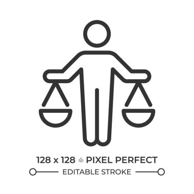Kanun pikseli mükemmel çizgi simgesi önünde eşitlik hakkı. Herkes için adalet. Denge terazisi tutan kişi. İzole vektör çizimi. Taslak sembol. Basit doğrusal çizim. Düzenlenebilir vuruş
