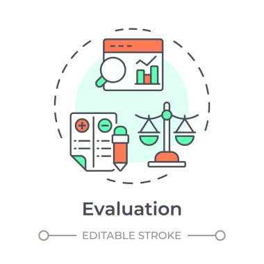 Değerlendirme çok renkli konsept simgesi. İstatistiksel ölçüm analizi. Denge tablosu, karşılaştırma terazisi. Yuvarlak şekil çizimi. Soyut bir fikir. Grafik tasarımı. Bilgide kullanması kolay