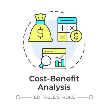Maliyet fayda analizi çok renkli konsept simgesi. Masraflar hesaplama, istatistiksel ölçüler. Yuvarlak şekil çizimi. Soyut bir fikir. Grafik tasarımı. Bilgide ve sunumda kullanması kolay