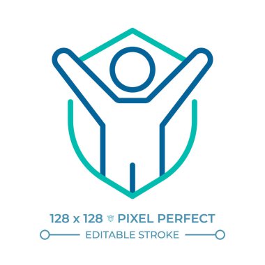 Yaşam hakkı, özgürlük, kişisel güvenlik pikseli iki renk çizgisi ikonu. Kalkanı olan biri. İnsan güvenliği çift renkli ana hat sembolü. Duotone lineer piktogram. İzole bir illüstrasyon. Düzenlenebilir vuruş