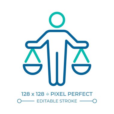 Kanun pikselinin önünde eşitlik hakkı iki renk çizgisi ikonu. Herkes için adalet. Pulları olan kişi çift renkli taslak sembolü kullanır. Duotone lineer piktogram. İzole bir illüstrasyon. Düzenlenebilir vuruş