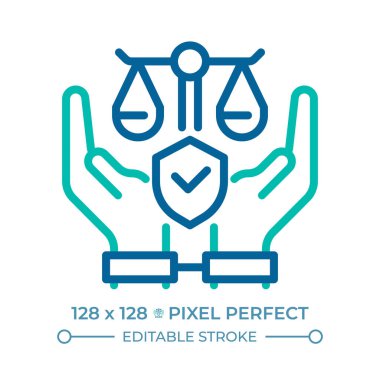 Gelişigüzel tutuklanmaktan ve sürgün pikselinden kurtulmak iki renk çizgisi için mükemmel bir simge. Haksız alıkoyma yok. İnsan hakları iki renkli ana hat sembolü. Duotone lineer piktogram. İzole bir illüstrasyon. Düzenlenebilir vuruş