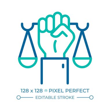 Kanun pikselinden önce iki renk çizgisi simgesi olarak tanınma hakkı. Ayrımcılık olmadan adalet iki renk ana hatları sembolüdür. Duotone lineer piktogram. İzole bir illüstrasyon. Düzenlenebilir vuruş