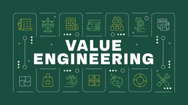 Değer mühendisliği yeşil kelime konsepti. İstatistiksel ölçüler. Ürün kalitesi. Verimlilik, performans. Yatay vektör görüntüsü. Düzenlenebilir taslak simgelerle çevrili başlık metni. İnbot Sans yazı tipi kullanıldı