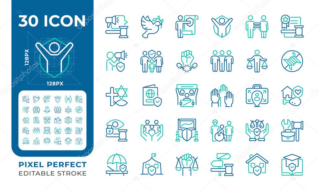 Human rights pixel perfect two color line icons set. Protecting people freedoms. Law and justice for everyone safety bicolor outline iconset isolated. Duotone pictograms thin linear. Editable stroke
