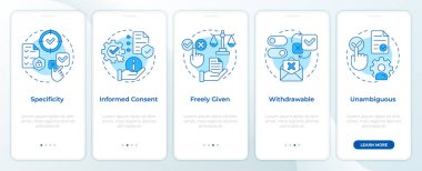 Mobil uygulama ekranında GDPR onay prensipleri mavi. Mahremiyet. Doğrusal kavramlarla düzenlenebilir grafik yönergelerini 5 adımda gezdir. UI, UX, GUI. Montserrat Yarı Kalın, Düzenli yazı tipleri