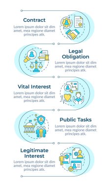 Hukuki temeller, dikey bilgi dizisi. Kişisel bilgiler işleniyor. Çevrimiçi güvenlik. 5 adımlı görselleştirme bilgi tablosu. Daireler iş akışı. Montserrat Yarı Kalın, Lato Düzenli yazı tipleri