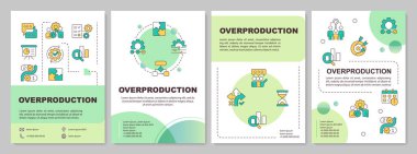Aşırı üretim yeşil daire broşürü. İş akışı yönetimi. Takım çalışması, ortaklık. Renk çizgisi simgeli broşür reklam tasarımı. Düzenlenebilir 4 sayfa. Kullanılan Arial-Kalın, Myriad Pro-Normal yazı tipleri