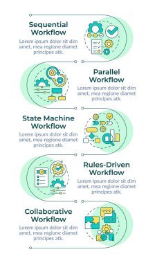 Çalışma akışı modelleri dikey bilgi dizisi. Takım çalışması organizasyonu. Uyum, güvence. 5 adımlı görselleştirme bilgi tablosu. Daireler iş akışı. Montserrat Yarı Kalın, Lato Düzenli yazı tipleri