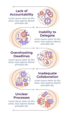 İş akışı genel zorluklar bilgi dikey dizisi. Verimlilik, verimlilik. 5 adımlı görselleştirme bilgi tablosu. Daireler iş akışı. Montserrat Yarı Kalın, Lato Düzenli yazı tipleri