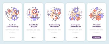 Mobil uygulama ekranında çalışma akışı engelleri. Takım çalışması organizasyonu. Doğrusal kavramlarla düzenlenebilir grafik yönergelerini 5 adımda gezdir. UI, UX, GUI. Montserrat Yarı Kalın, Düzenli yazı tipleri