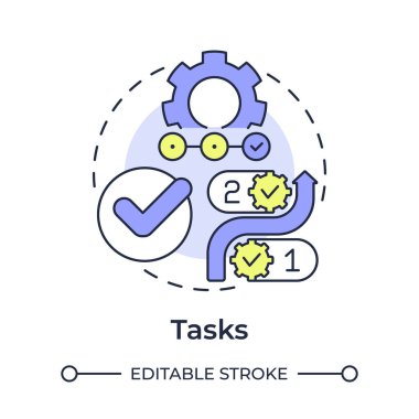 Görevler çok renkli konsept simgesi. İşlem haritası, teknoloji. Verimlilik, performans. Yuvarlak şekil çizimi. Soyut bir fikir. Grafik tasarımı. Reklamcılıkta ve pazarlamada kullanımı kolay