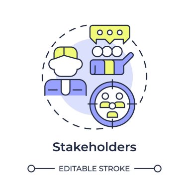 Hissedarlar çok renkli konsept simgesi. Hedef kitle, kalite. Müşteri tecrübesi. Yuvarlak şekil çizimi. Soyut bir fikir. Grafik tasarımı. Reklamcılıkta ve pazarlamada kullanımı kolay