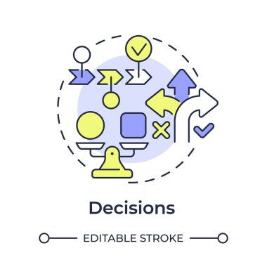Kararlar çok renkli konsept simgesi. Sorun çözme, sorumluluk. İş için, şirket için. Yuvarlak şekil çizimi. Soyut bir fikir. Grafik tasarımı. Reklamcılıkta ve pazarlamada kullanımı kolay
