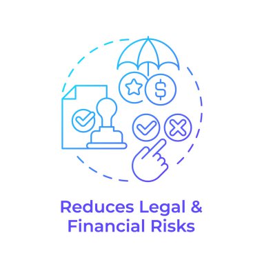 Hukuki ve finansal riskleri azaltır mavi gradyan konsept ikonu. İzinler sağlanıyor. Rıza yönetiminin faydaları. Yuvarlak şekil çizimi. Soyut bir fikir. Grafik tasarımı. Makalede kullanması kolay