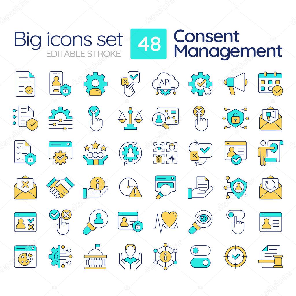 Contest management line color icons set. System protecting user data online. Personal information security. Vector illustrations. Simple flat colorful symbols collection. Editable stroke