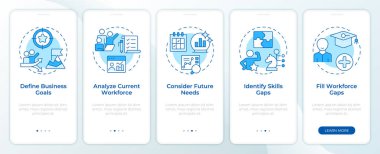 İşgücü, mobil uygulama ekranında mavi olacağını tahmin ediyor. İnsan kaynakları stratejisi. Doğrusal kavramlarla düzenlenebilir grafik yönergelerini 5 adımda gezdir. UI, UX, GUI. Montserrat Yarı Kalın, Düzenli yazı tipleri