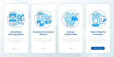 İşgücü, mobil uygulama ekranında mavi ışık yakıyor. İnsan kaynakları analizleri. Doğrusal kavramlarla düzenlenebilir grafik yönergelerini dört adımda gözden geçir. UI, UX, GUI. Montserrat Yarı Kalın, Düzenli yazı tipleri