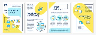 İş gücü analizlerinin mavi ve sarı broşürleri. İK yönetim stratejisi. Çalışan verileri. Renk çizgisi simgeli broşür reklam tasarımı. Düzenlenebilir 4 sayfa. Questrial, Lato-Düzenli yazı tipleri